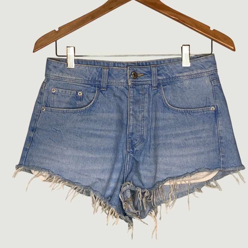 Zara Denim Shorts 4 Light Blue Trafaluc High Rise Frayed Hem Cut Offs Distressed